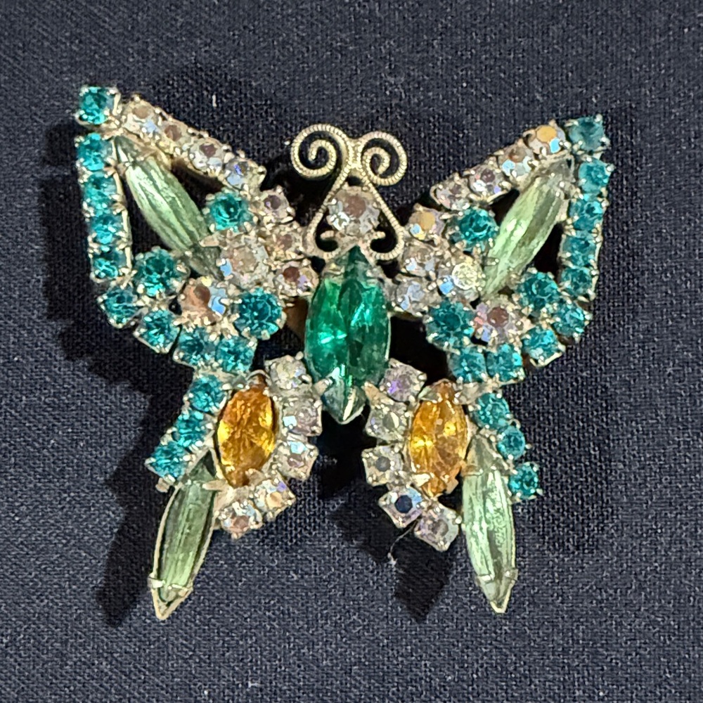Julianna Butterfly Brooch Pin with Green and white Rhinestones.